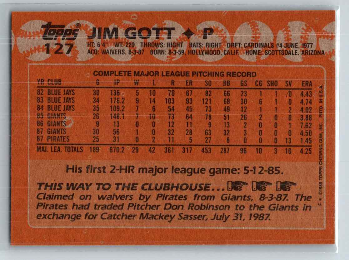 1988 Topps Jim Gott #127 card back image