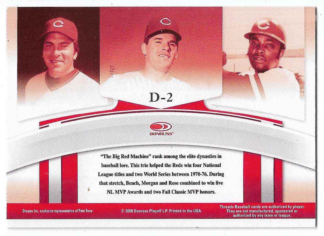 2008 Donruss Threads Dynasty Johnny Bench/Pete Rose/Joe Morgan #D-2 card back image