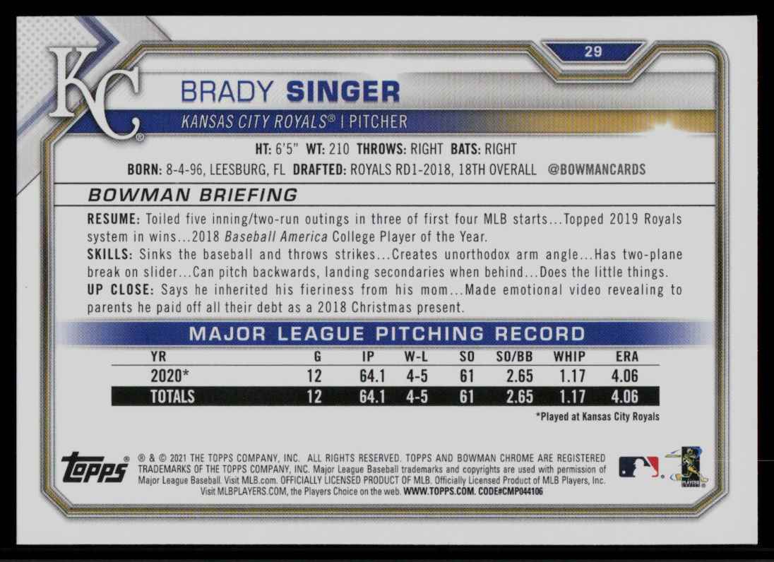 2021 Bowman Brady Singer #29 card back image