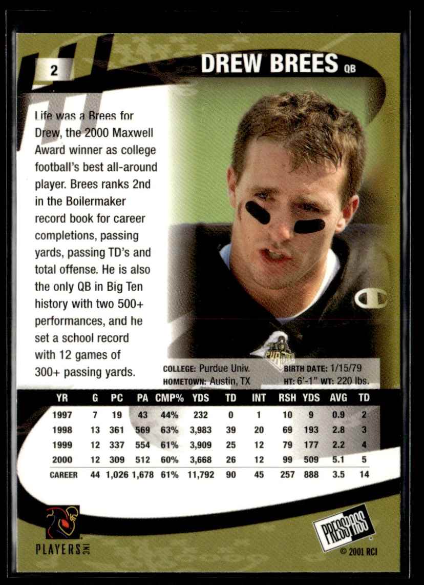 2001 Press Pass Drew Brees #2 card back image