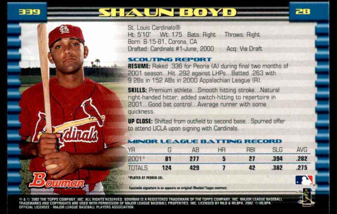2002 Bowman Bowman Shaun Boyd #339 card back image