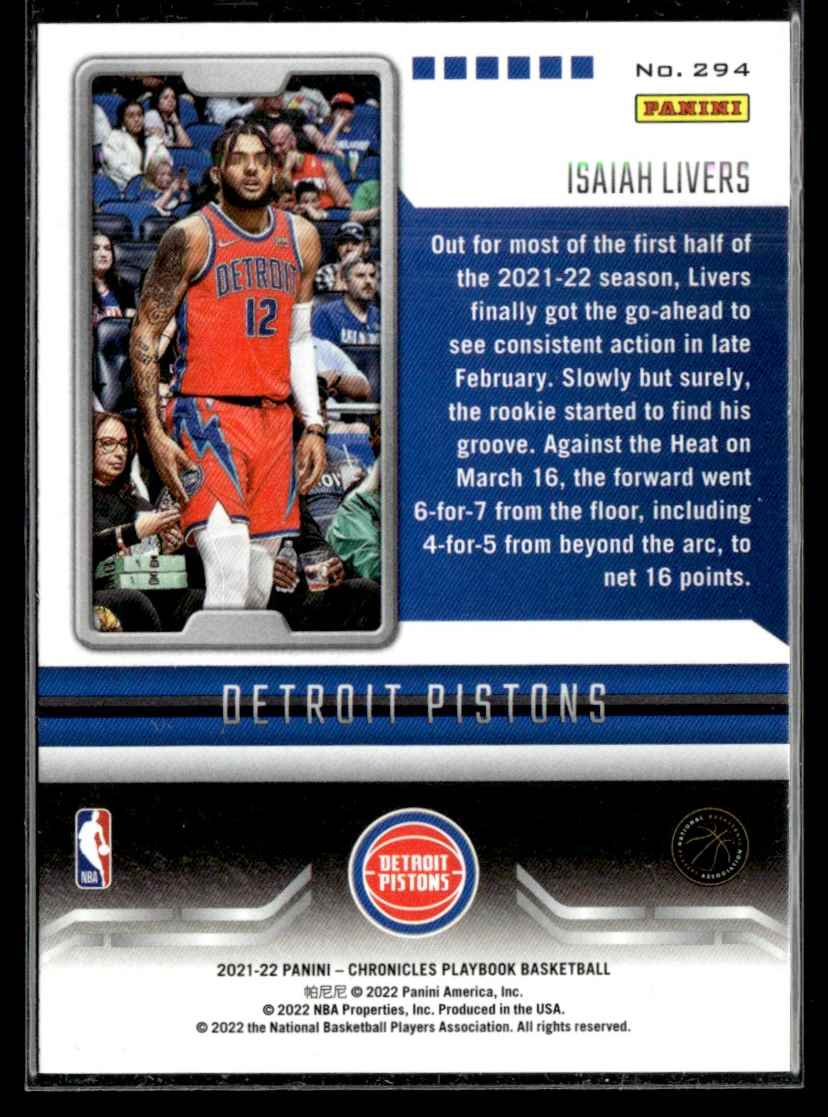 2021-22 Panini Chronicles Isaiah Livers #294 card back image