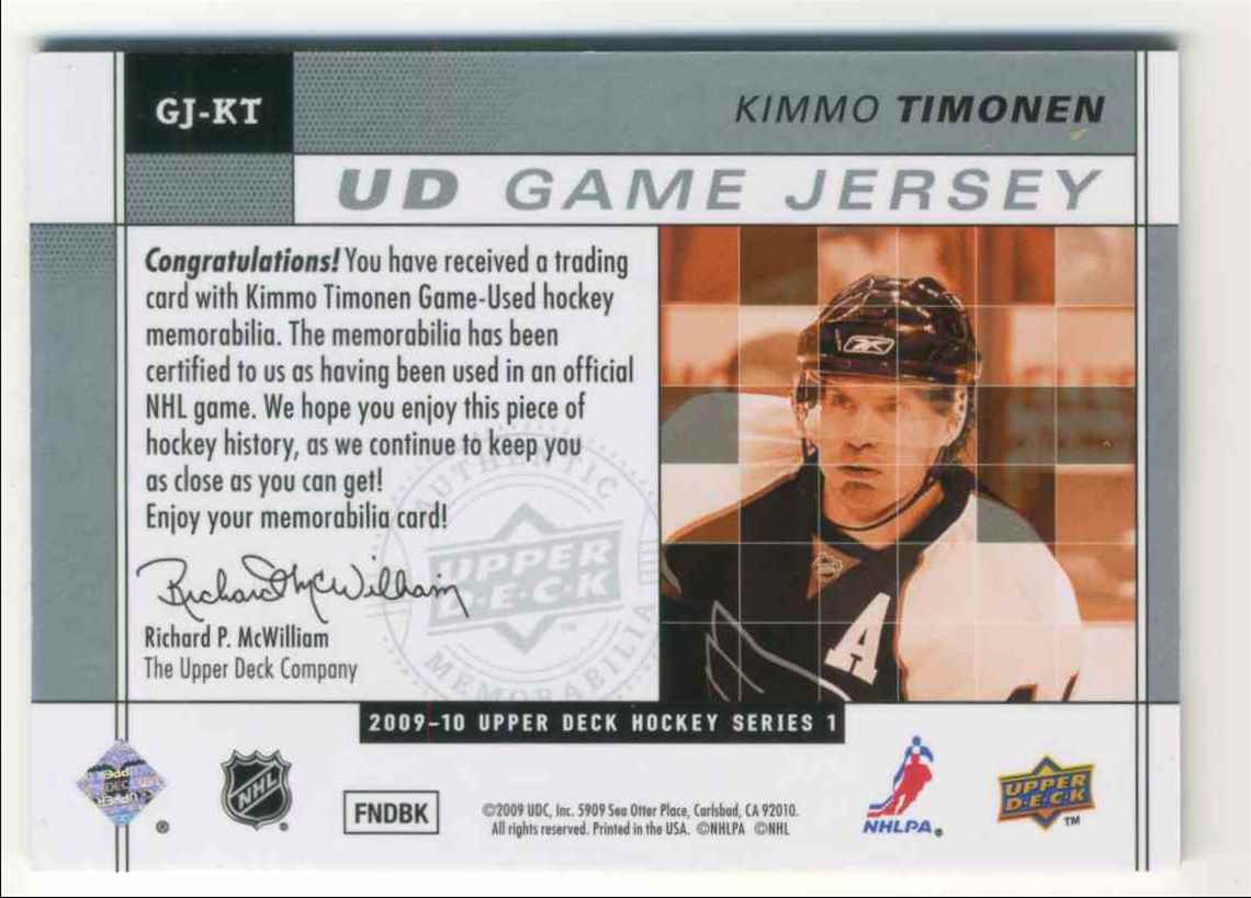 2009-10 Upper Deck Game Jersey Kimmo Timonen #GJ-KT card back image