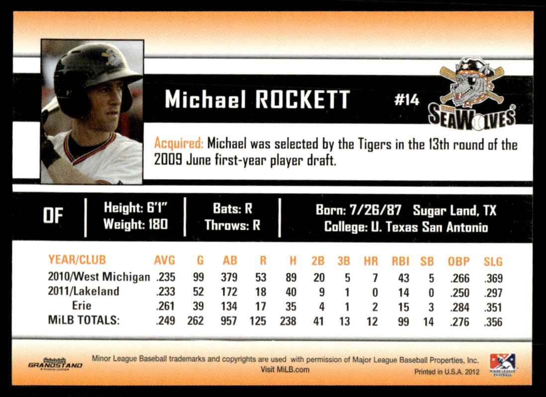 2012 MiLB Michael Rockett card back image