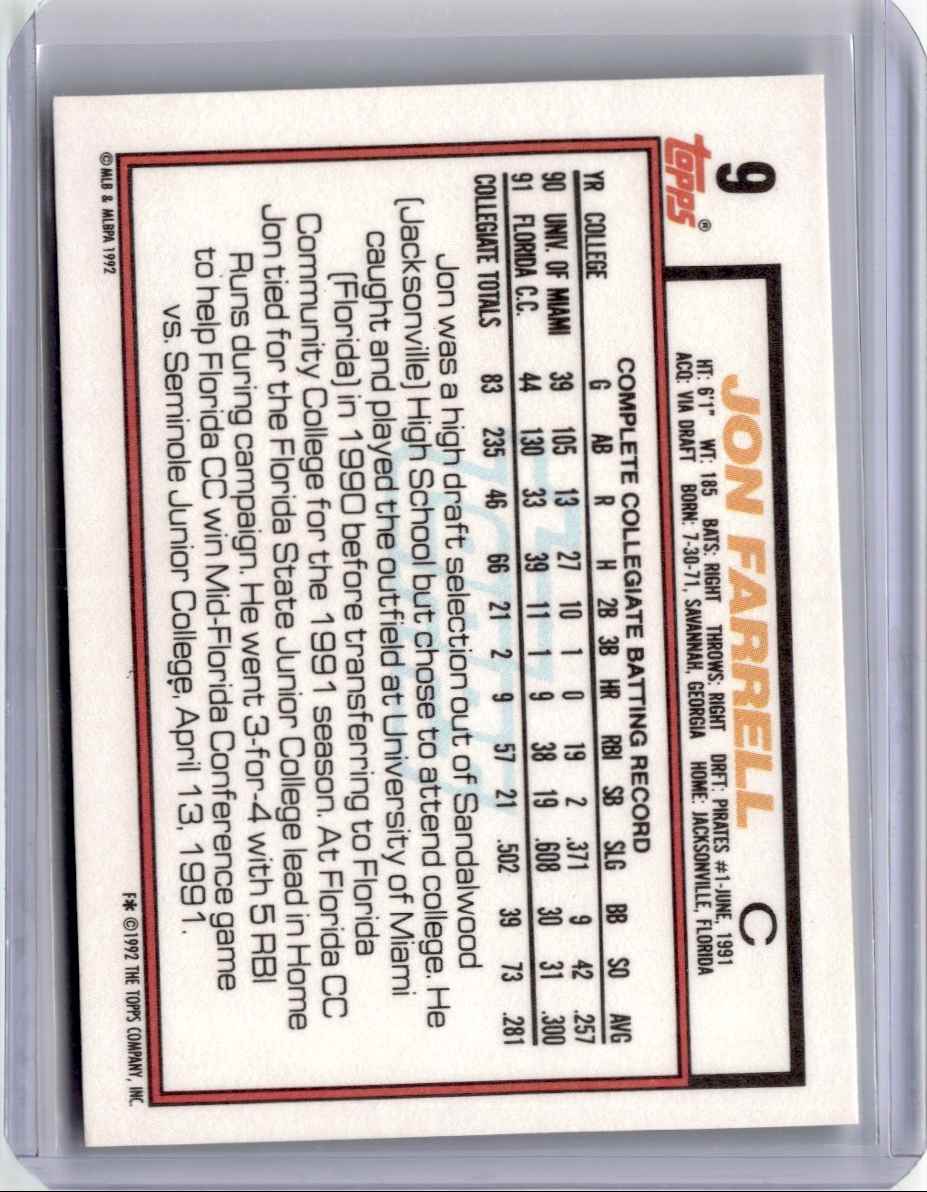 1992 Topps Baseball Card Jon Farrell #9 card back image