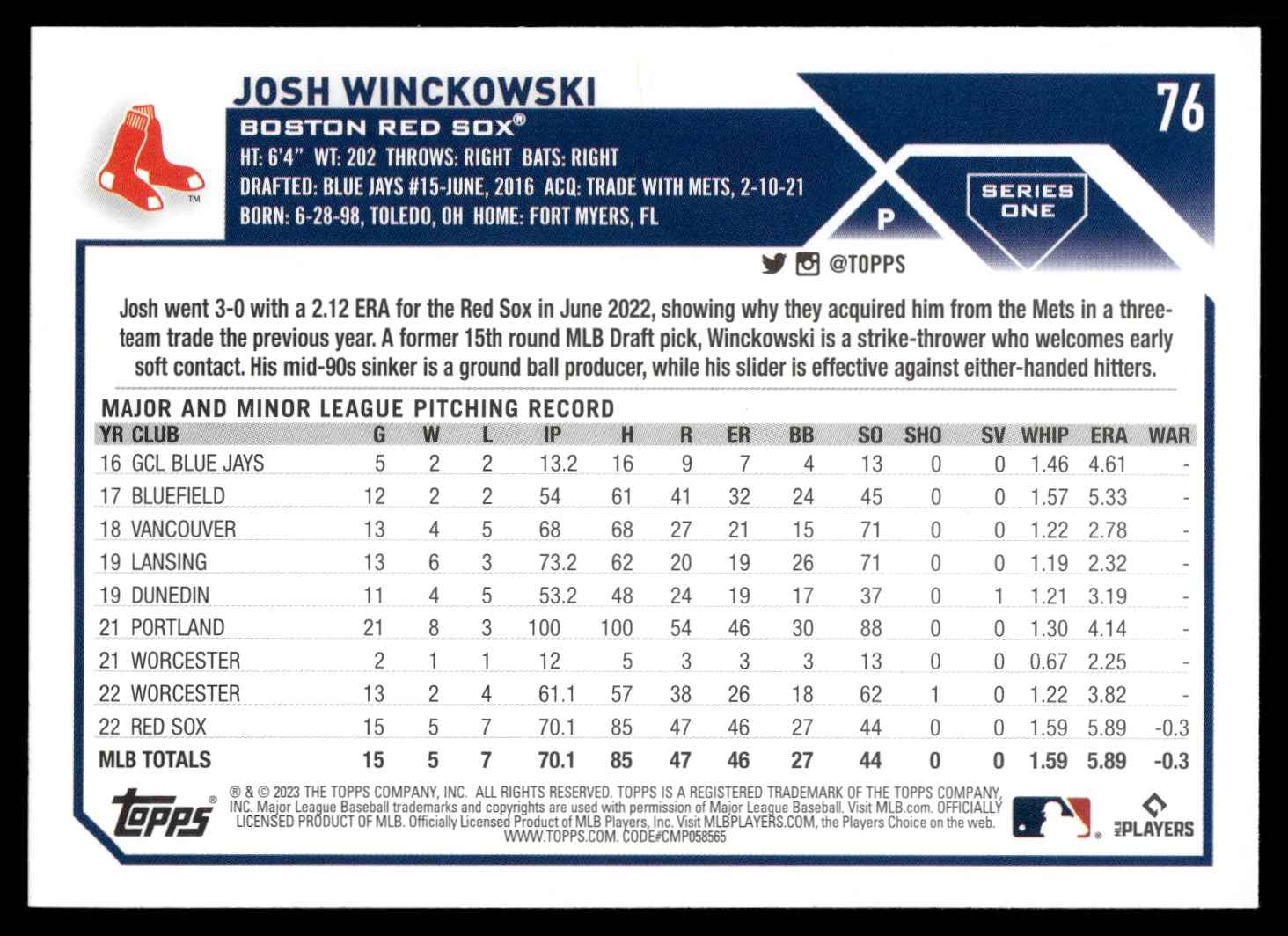 2023 Topps Josh Winckowski #76 card back image