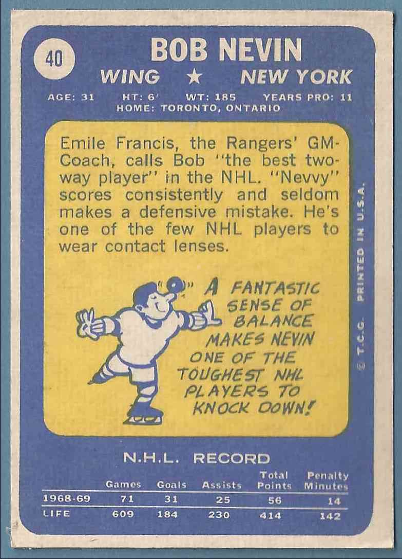 1969-70 Topps Rangers Bob Nevin #40 card back image