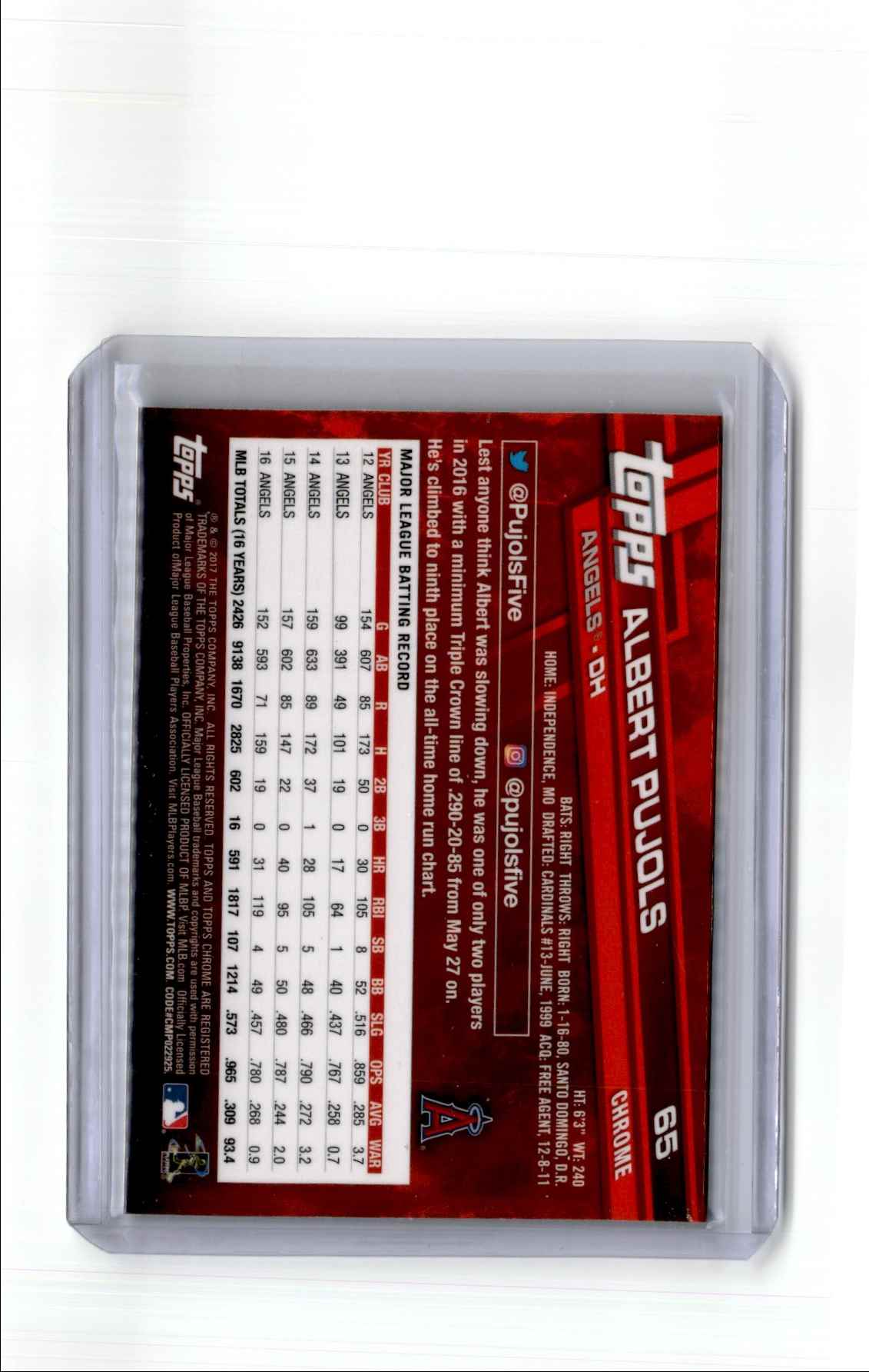 2017 Topps Chrome Albert Pujols #65 card back image