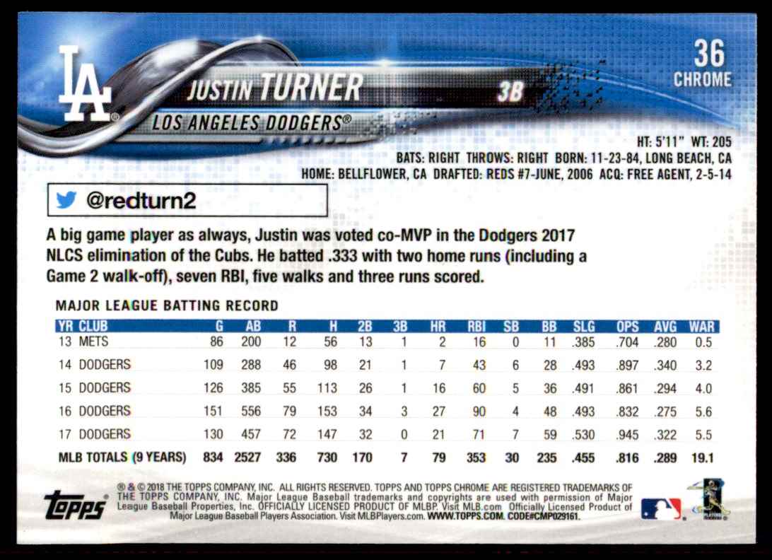 2018 Topps Chrome Justin Turner #36 card back image