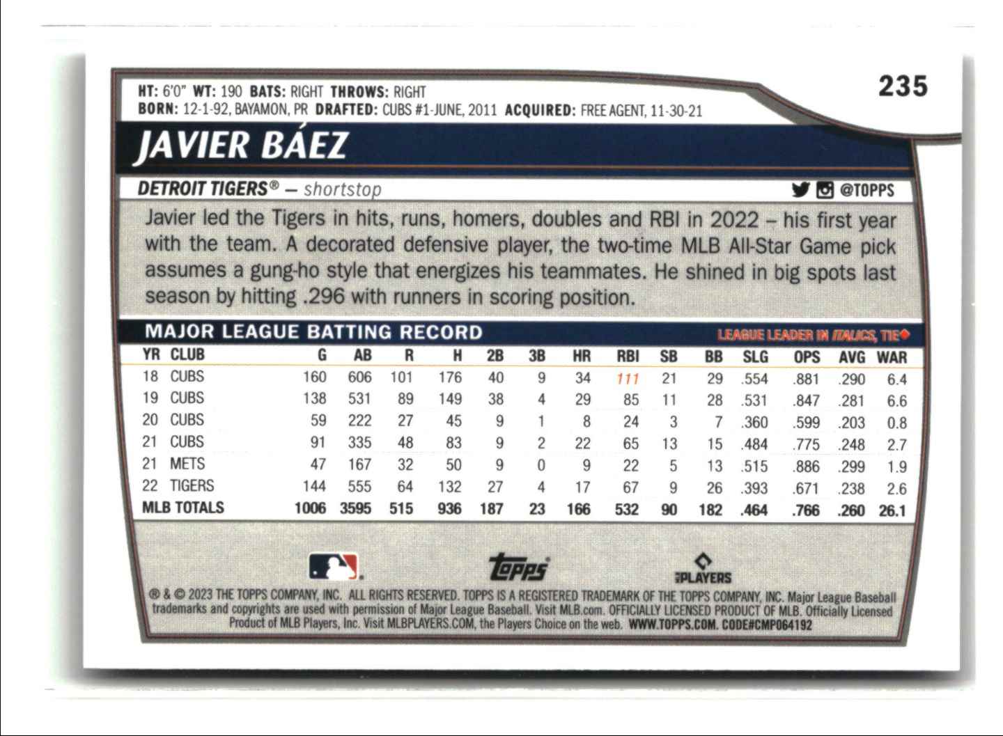 2023 Topps Big League Uncommon Foil Javier Báez #235 card back image