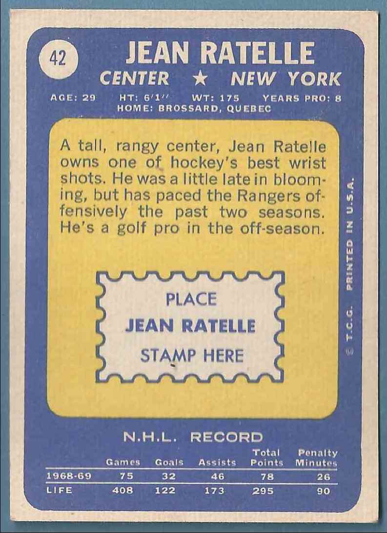 1969-70 Topps Rangers Jean Ratelle #42 card back image