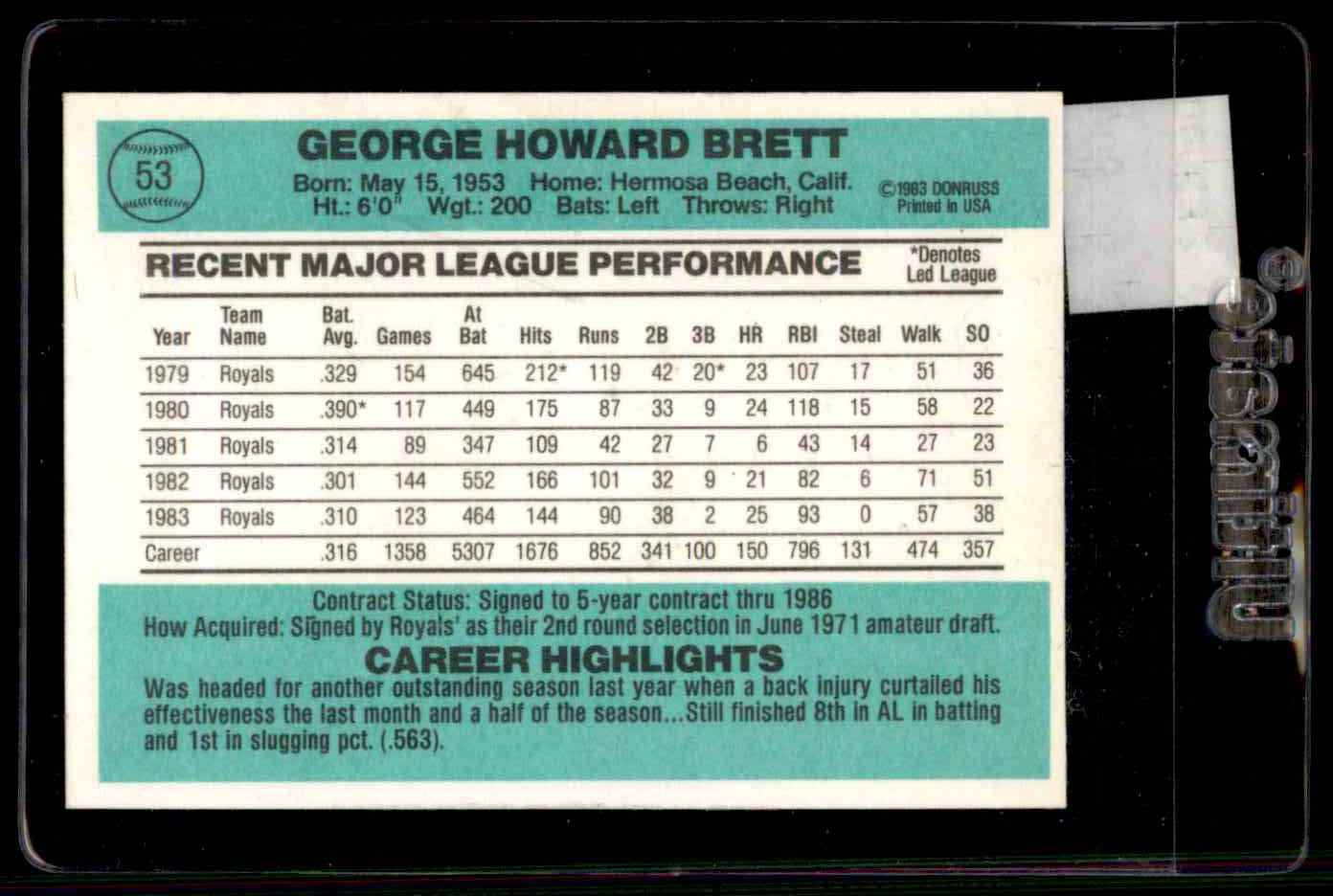 1984 Donruss George Brett #53 card back image