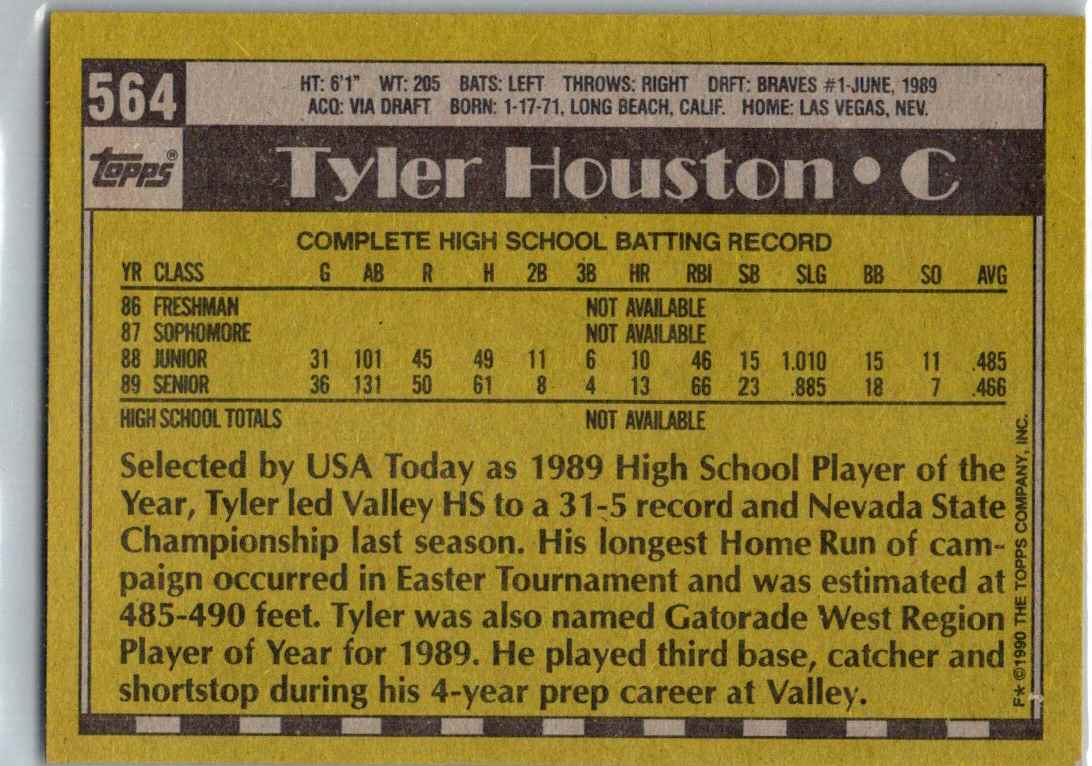 1990 Topps Tyler Houston #564 card back image