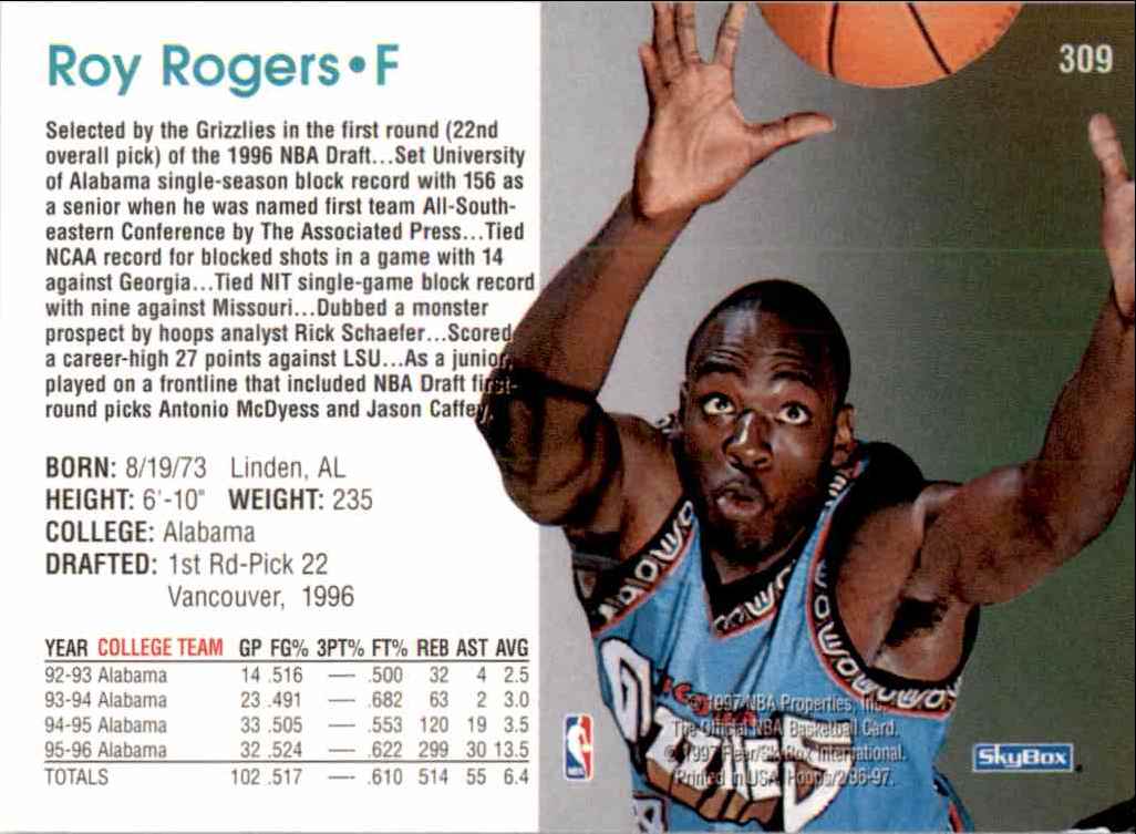 1996-97 Hoops Roy Rogers RC #309 card back image