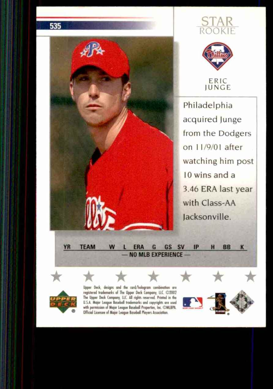 2002 Upper Deck Eric Junge Sr RC #535 card back image