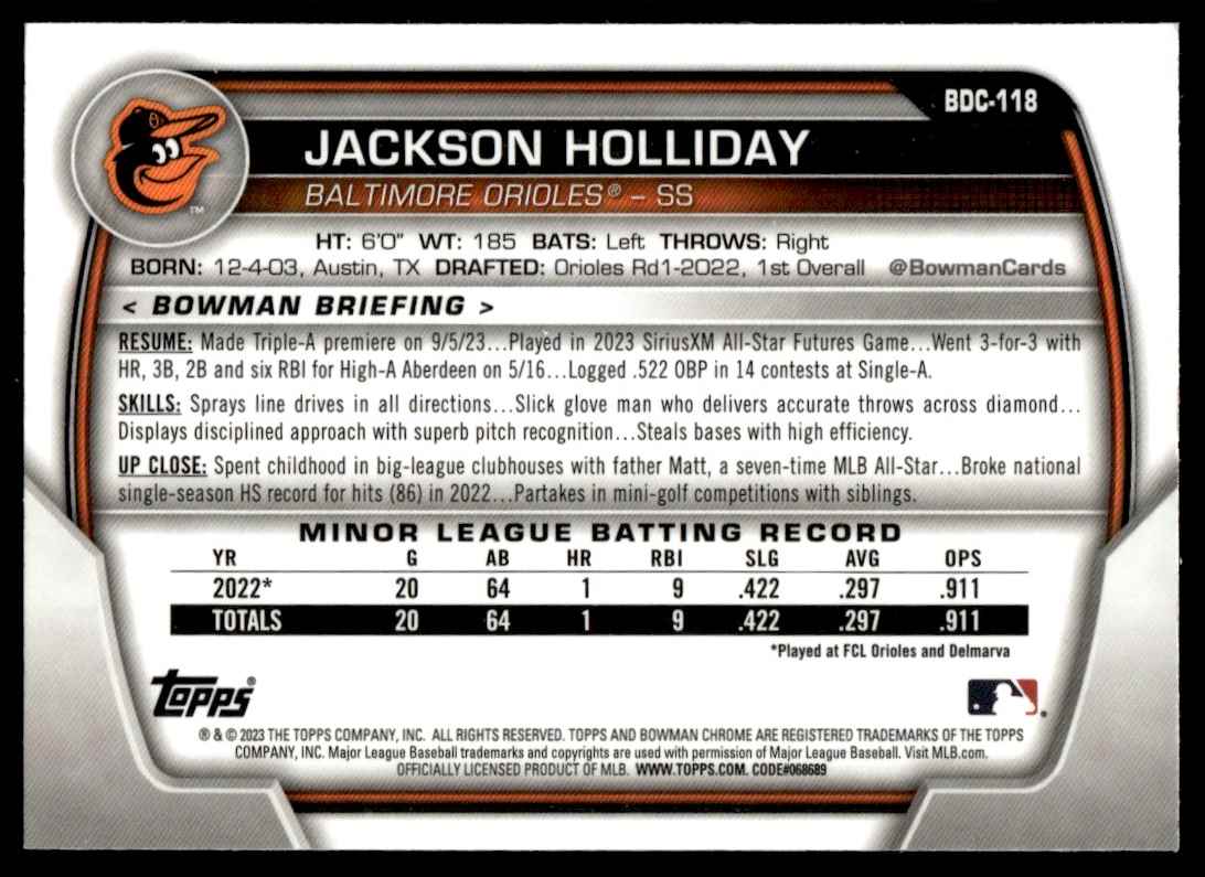 2023 Bowman Draft Chrome Jackson Holliday #BDC-118 card back image