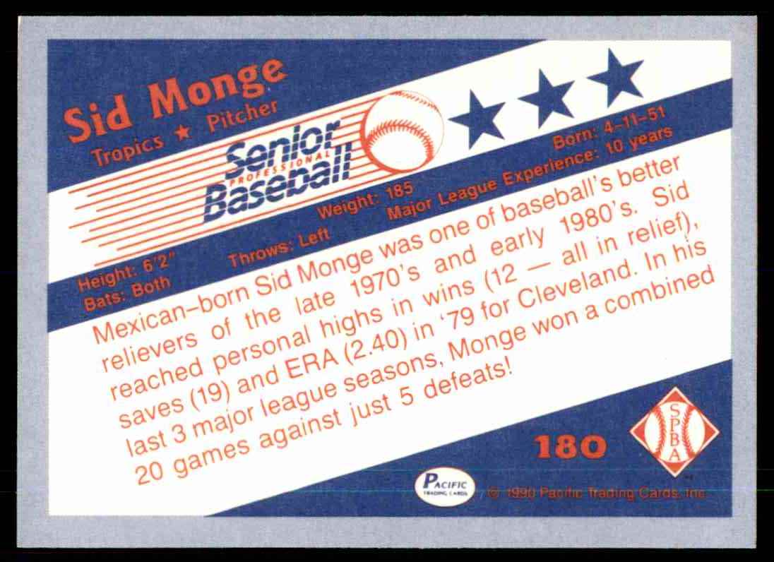 1989 Pacific Senior Professional Baseball Association Sid Monge #180 card back image