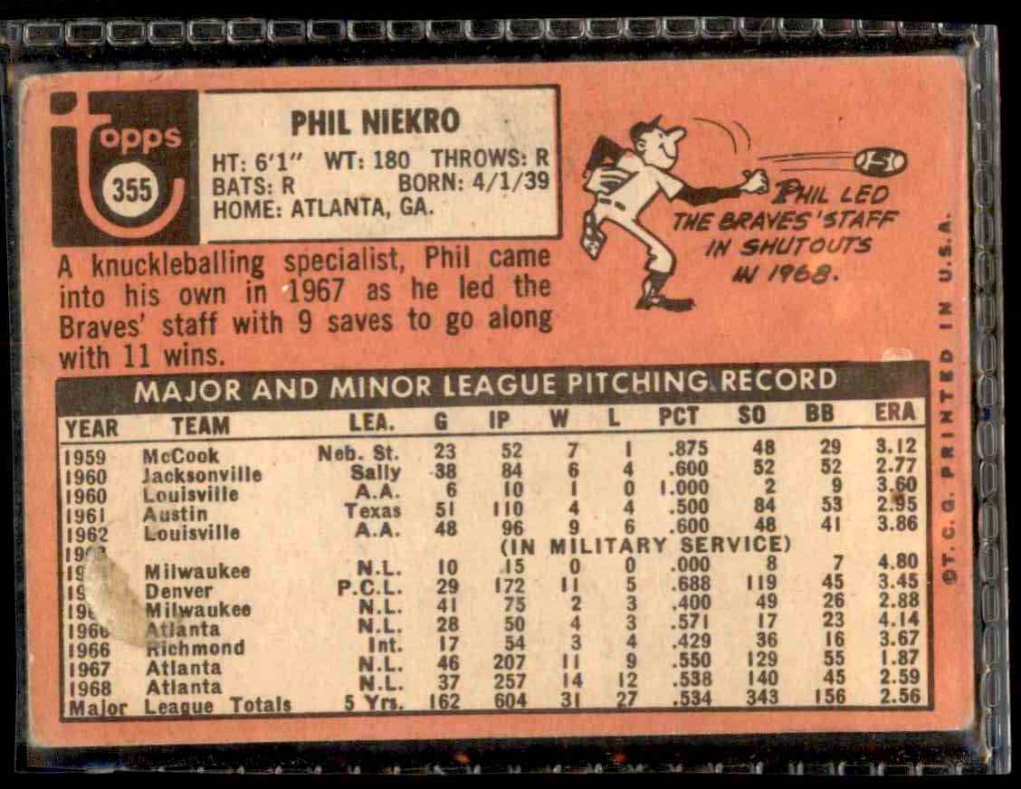 1969 Topps Phil Niekro #355 card back image