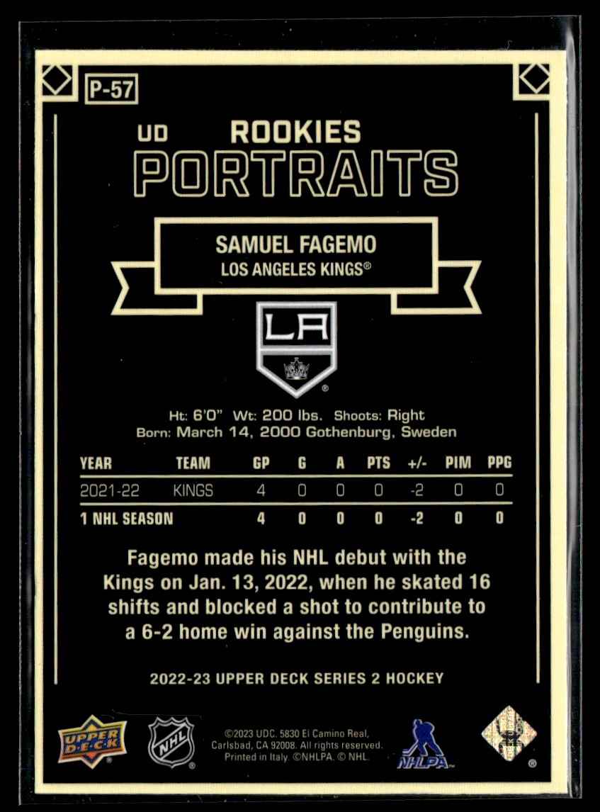 2022-23 Upper Deck UD Portraits Samuel Fagemo #P-57 card back image