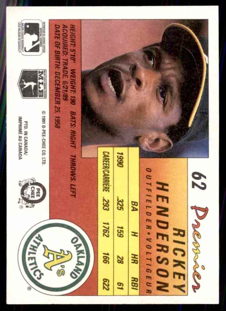 1991 O-Pee-Chee Premier Rickey Henderson #62 card back image