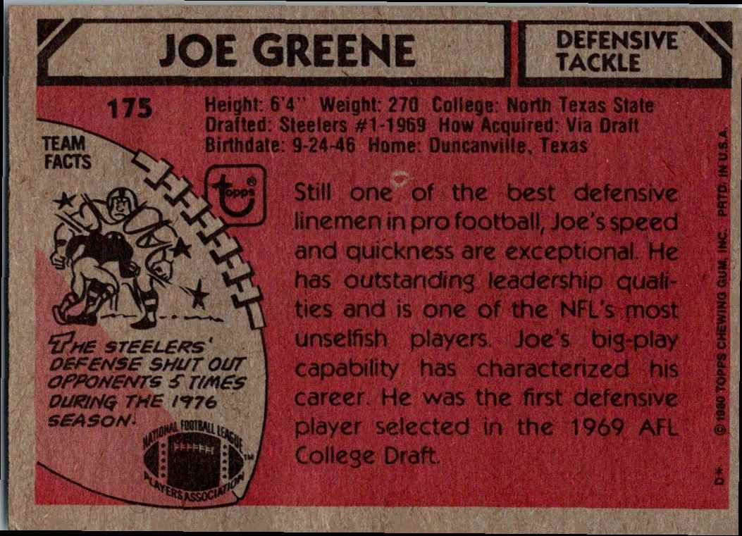 1980 Topps Joe Greene #175 card back image