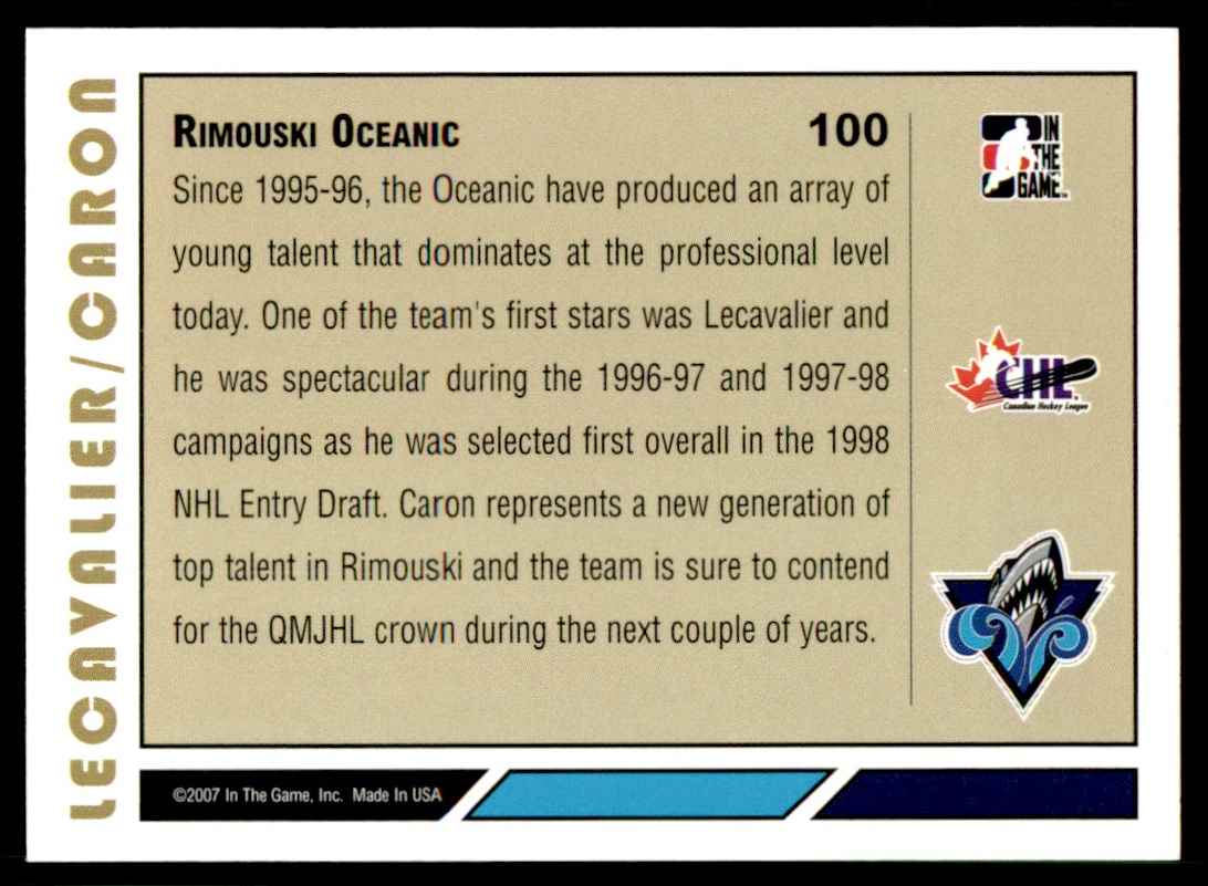 2007-08 In The Game Heroes and Prospects Vincent Lecavalier/Jordan Caron #100 card back image