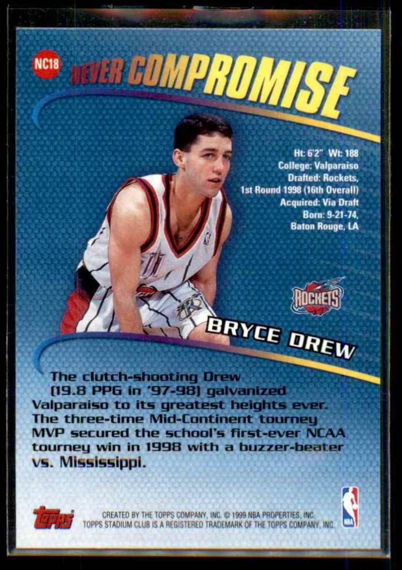 1998-99 Stadium Club Never Compromise Bryce Drew #NC18 card back image