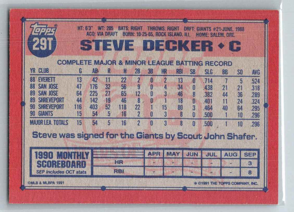 1991 Topps Traded Steve Decker #29T card back image