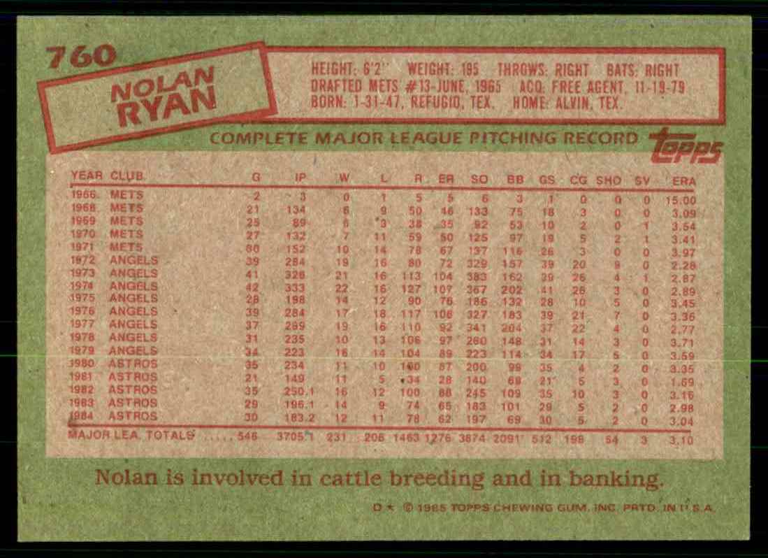 1985 Topps Nolan Ryan #760 card back image