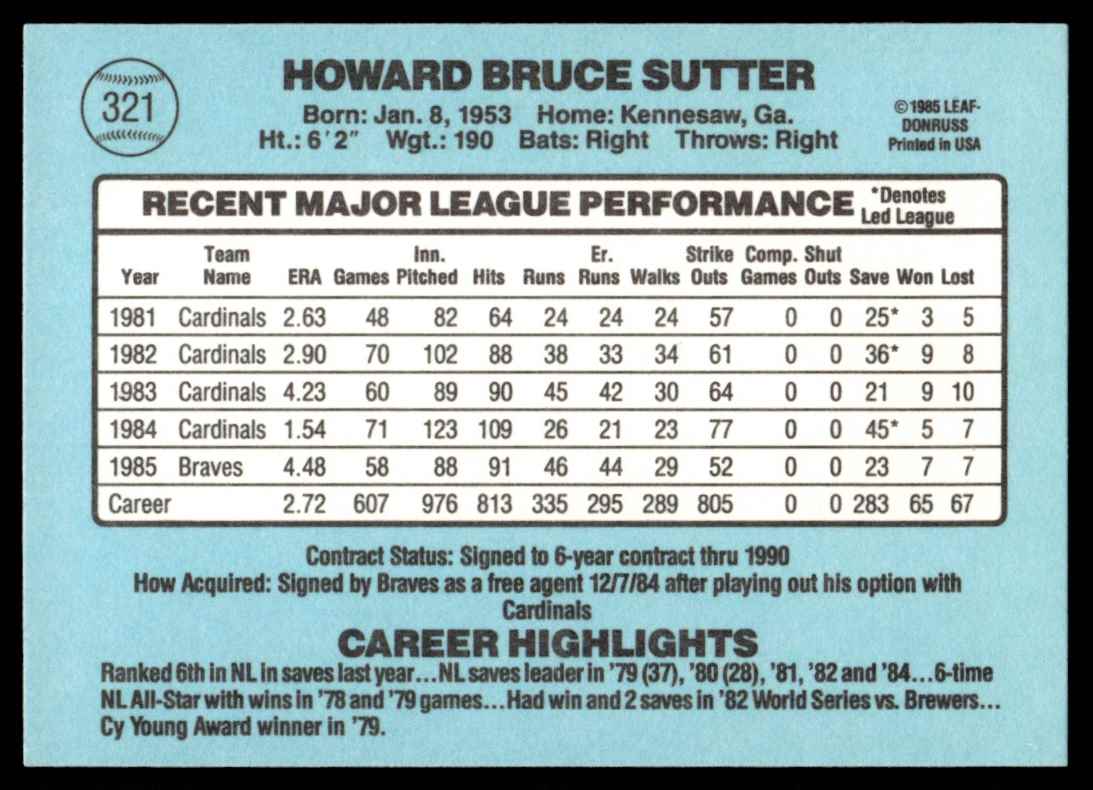 1986 Donruss Bruce Sutter #321 card back image