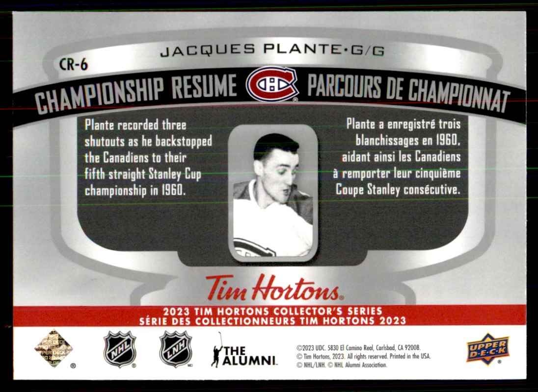 2022-23 Tim Hortons Legends Championship Resume Jacques Plante #CR6 card back image