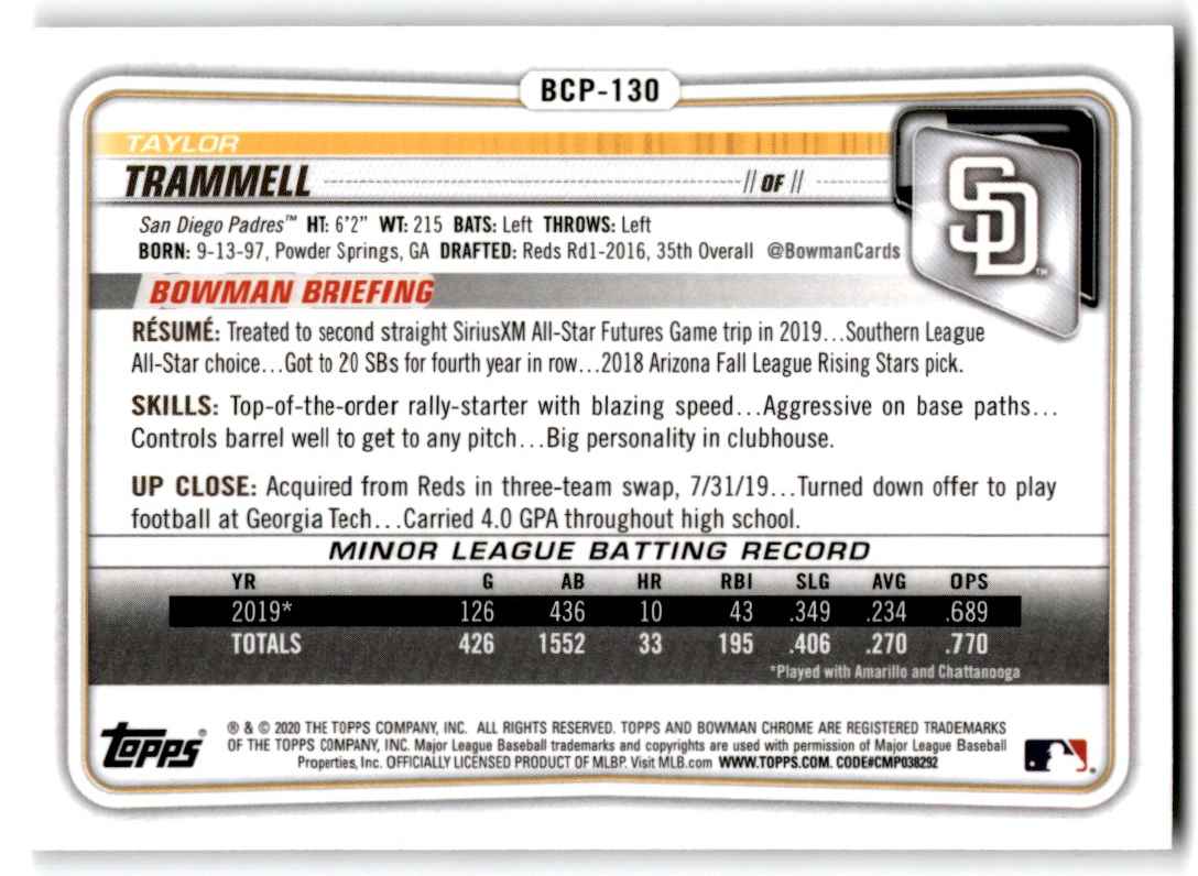 2020 Bowman Chrome Prospects Taylor Trammell #BCP-130 card back image