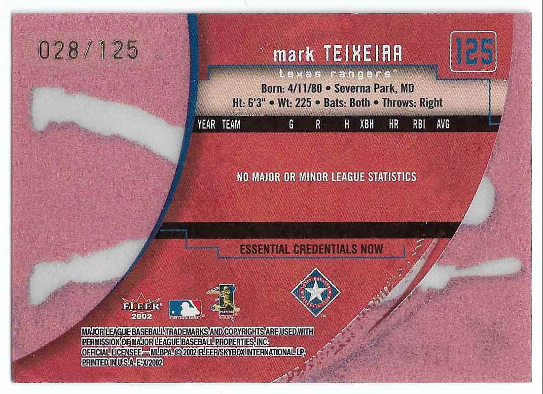 2002 Fleer E-X Essential Credentials Now Mark Teixeira #125 card back image