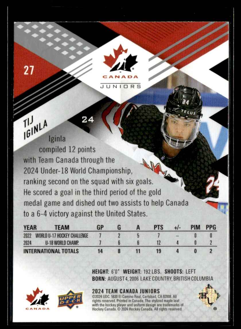 2024-25 UD Team Canada Juniors White Tij Iginla #27 card back image