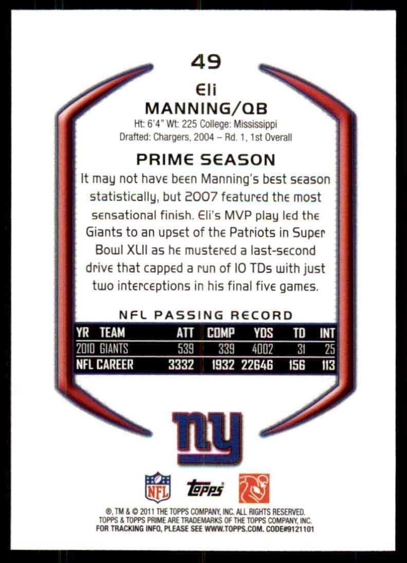 2011 Topps Prime Eli Manning #49 card back image