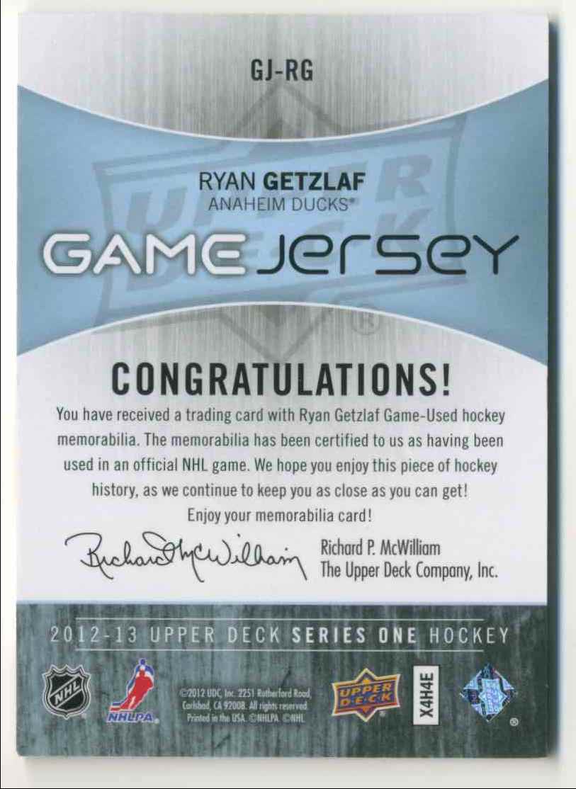 2010-11 Upper Deck Game Jersey Ryan Getzlaf #GJ-RG card back image
