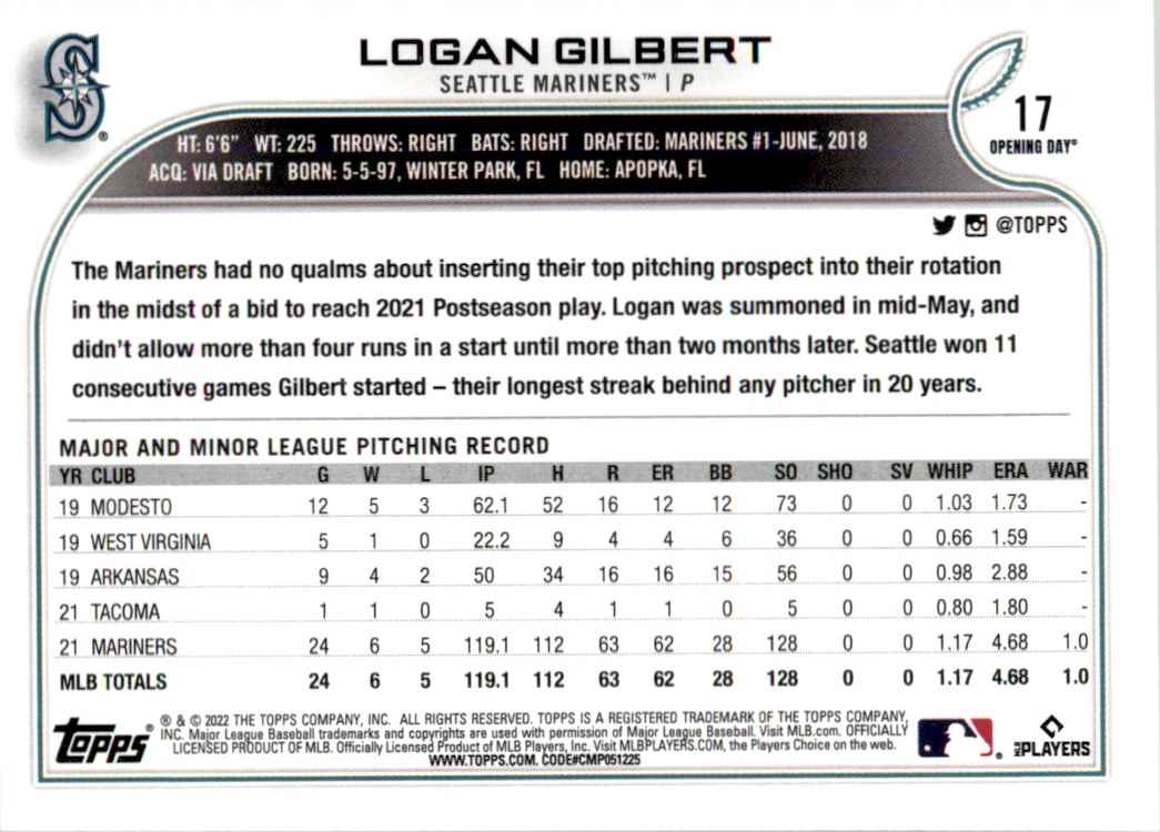 2022 Topps Opening Day Logan Gilbert #17 card back image
