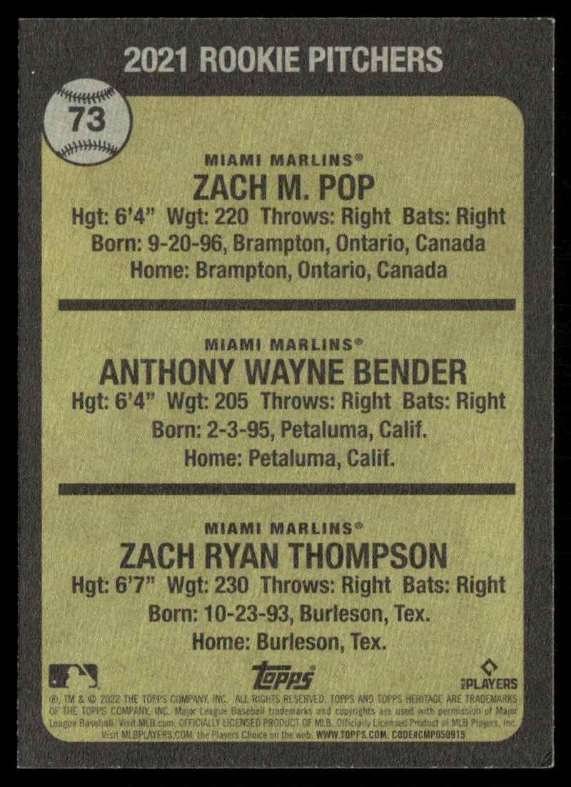 2022 Topps Heritage Zach Pop/Zach Thompson/Anthony Bender #73 card back image