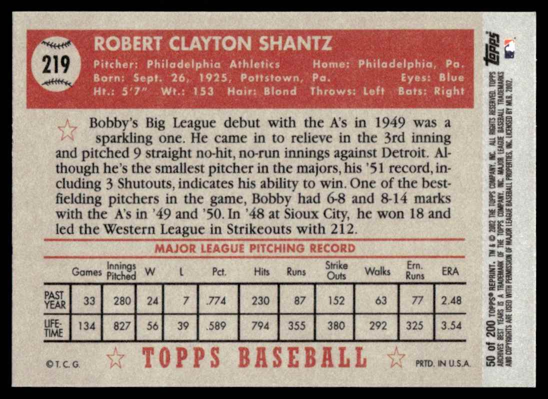 2002 Topps Archives Bobby Shantz #50 card back image