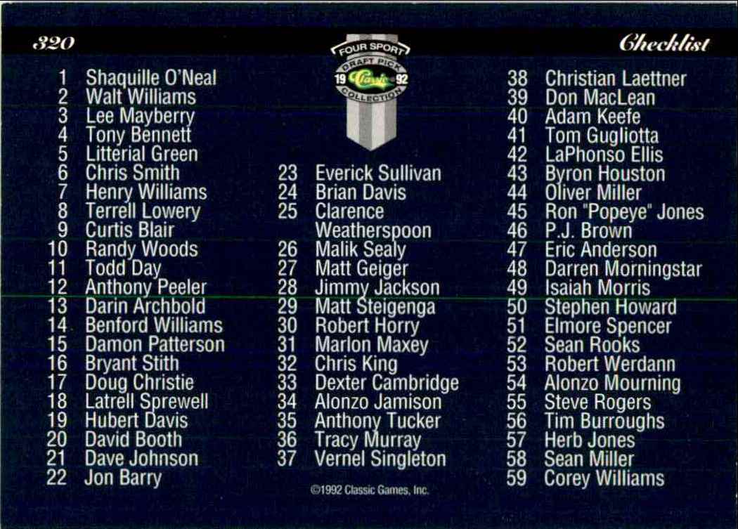1992-93 Classic Four Sport Checklist #320 card back image