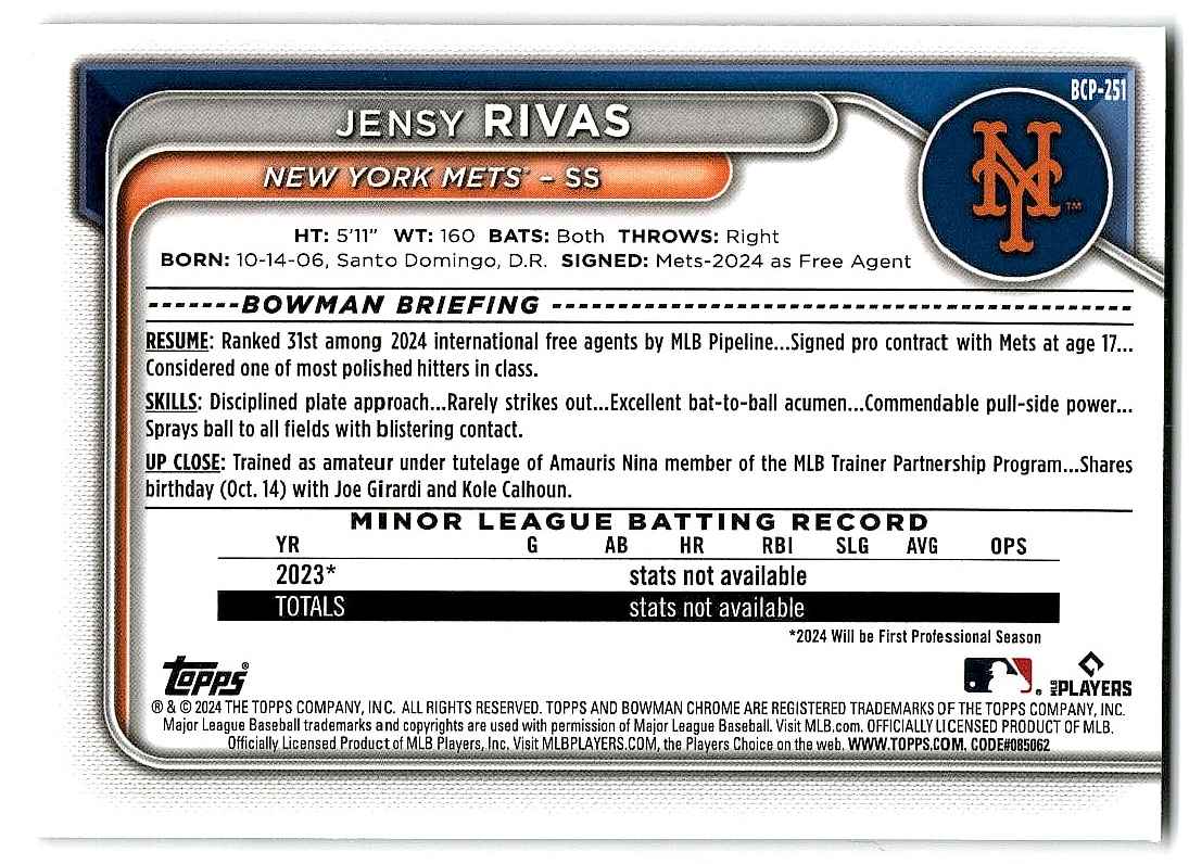 2024 BOWMAN CHROME JENSY Rivas #BCP251 card back image