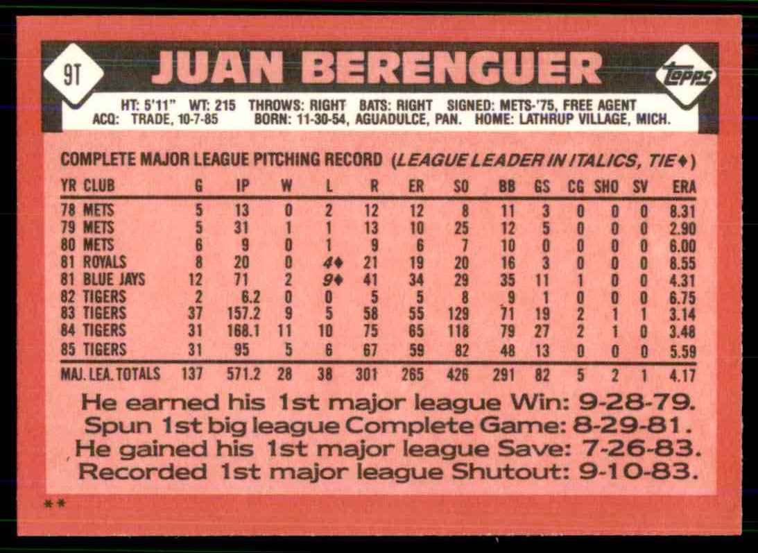 1986 Topps Traded Juan Berenguer B-4346 #9T card back image