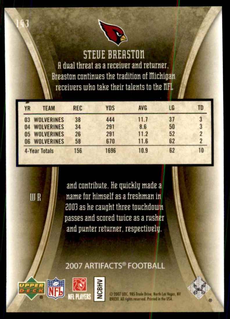 2007 Upper Deck Artifacts Gold Steve Breaston #143 card back image