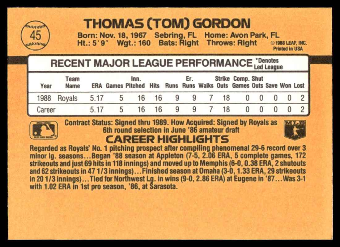 1989 Donruss Tom Gordon #45 card back image