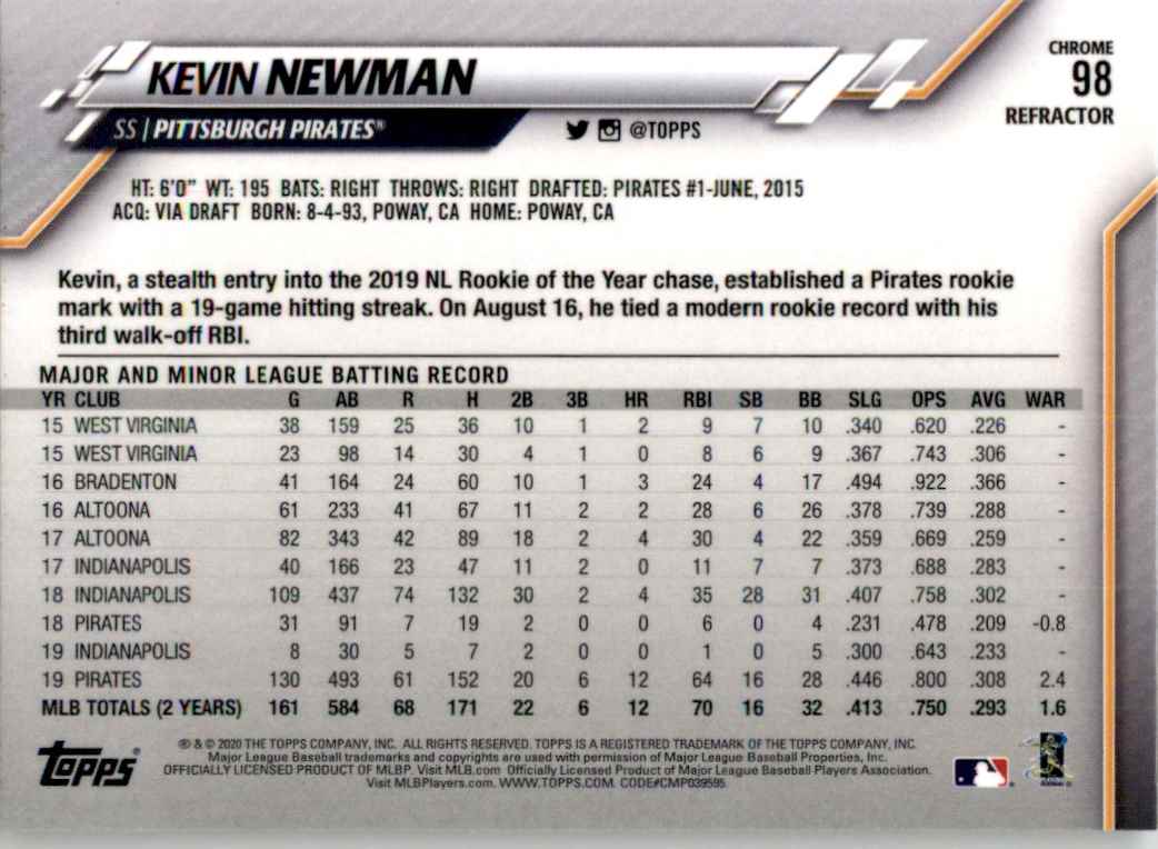 2020 Topps Chrome Refractor KEVIN NEWMAN #98 card back image
