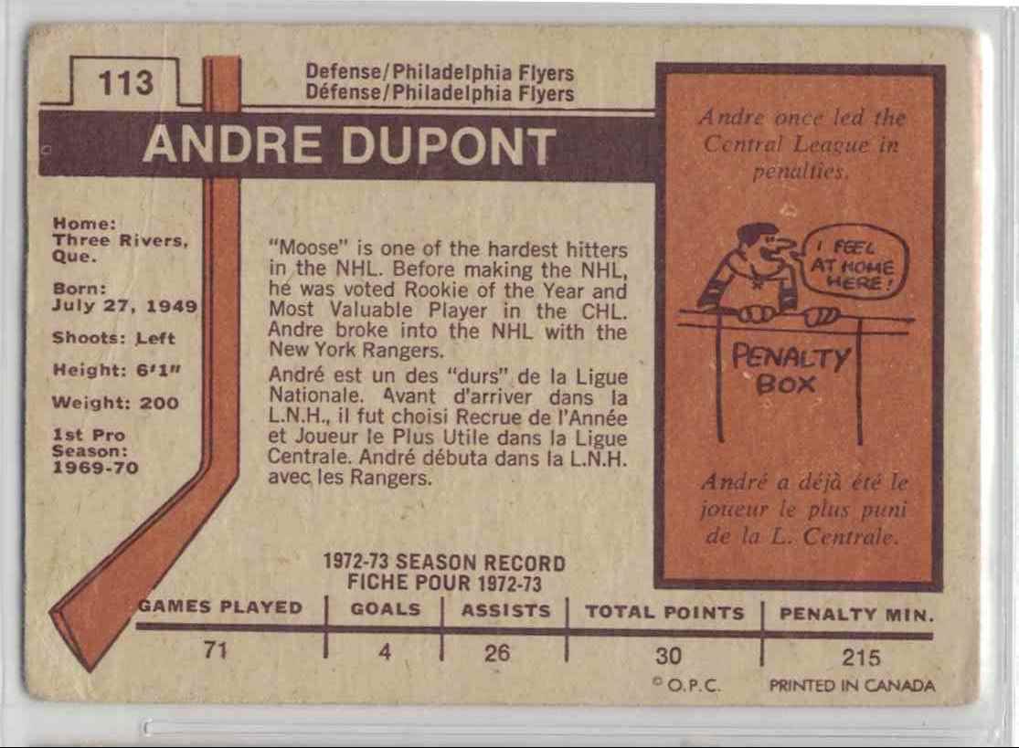 1973-74 O-Pee-Chee André Dupont #113 card back image