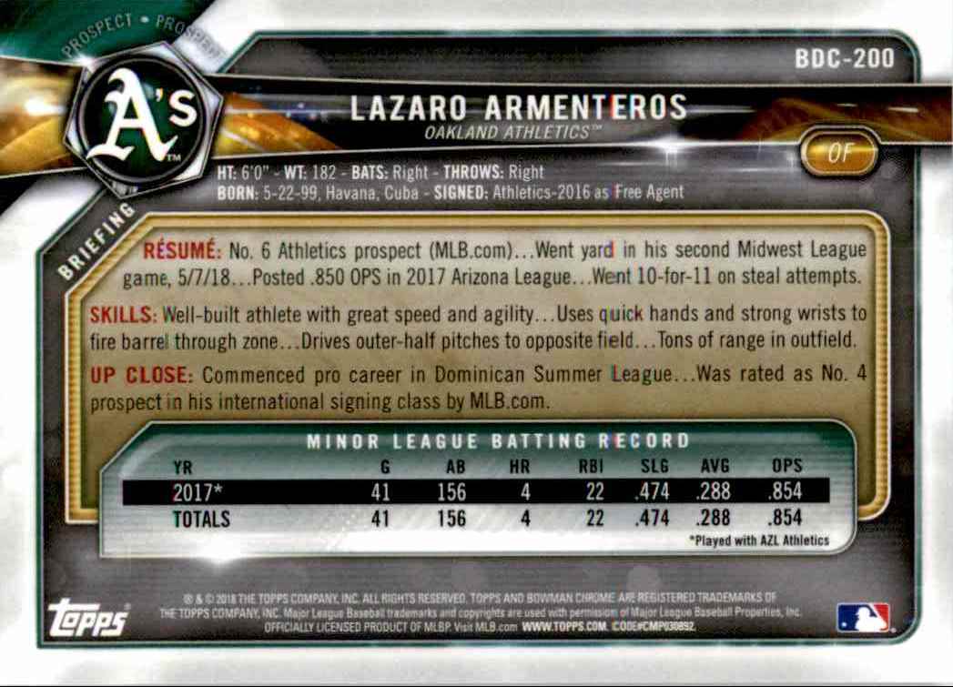 2018 Bowman Chrome Draft Green Refractors Lazaro Armenteros #BDC-200 card back image
