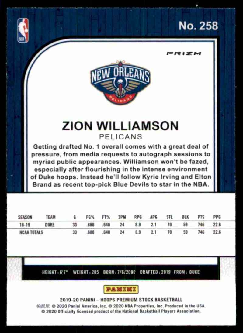 2019-20 Hoops Premium Stock Prizms Purple Disco Zion Williamson #258 card back image