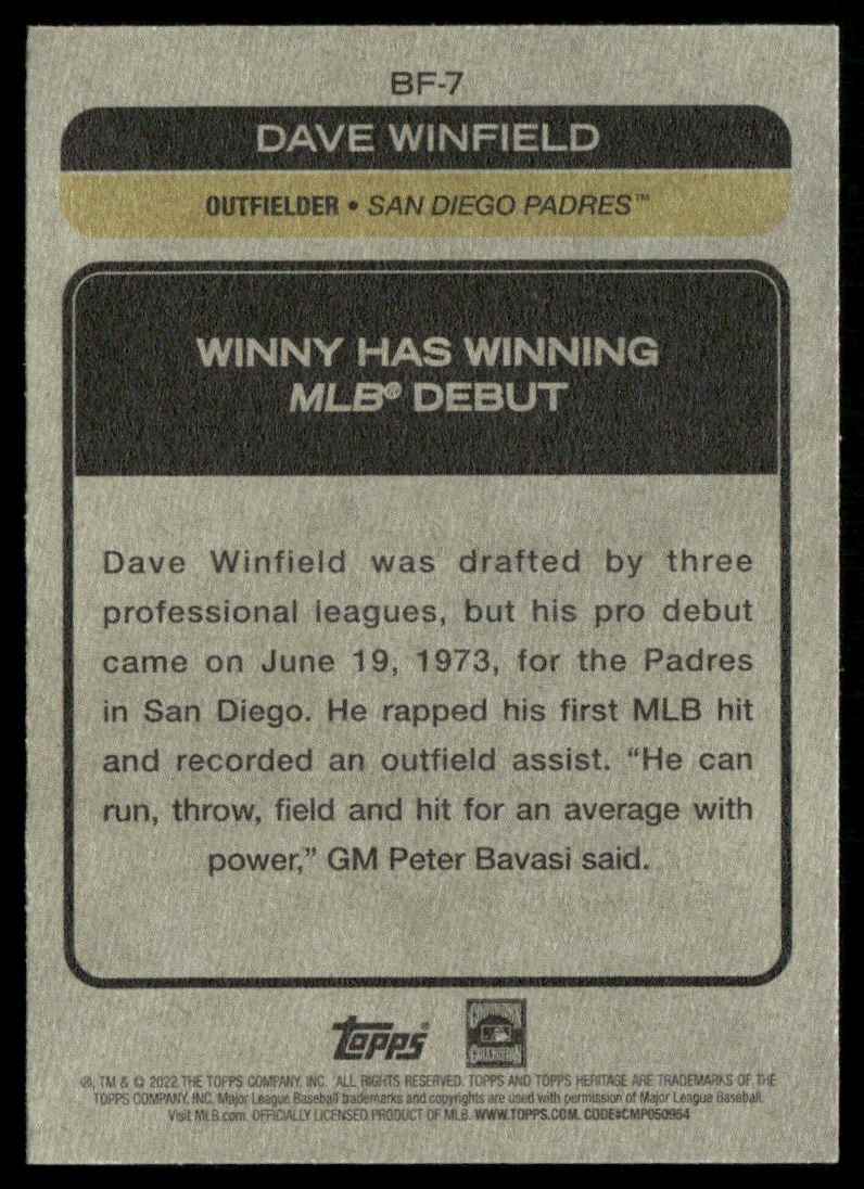 2022 Topps Heritage Baseball Flashbacks Dave Winfield #BF-7 card back image