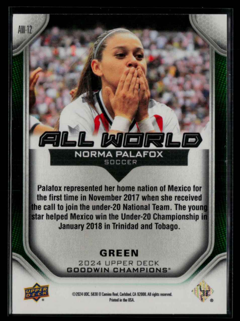 2024 UD Goodwin Champions All World Green NORMA PALAFOX #AW-12 card back image